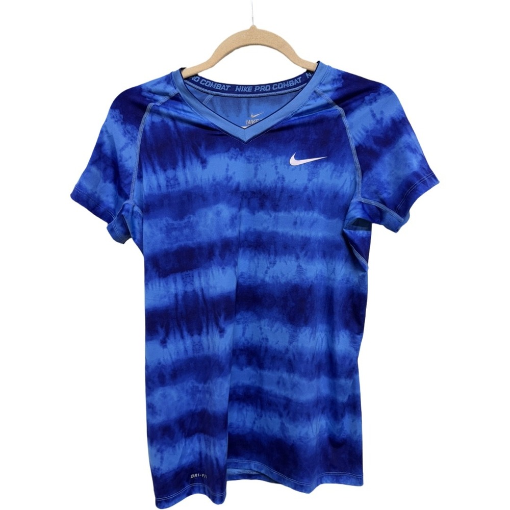 Nike Pro Combat Dri-FIT Fitted Blue Tie Dye Short Sleeve Compression Shirt M